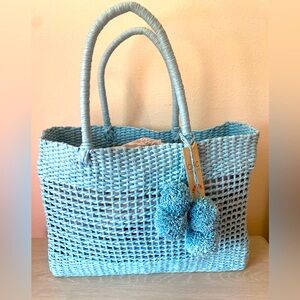 C&C California t woven-square-open-weave-straw-tote-with-pom-pom-tassel